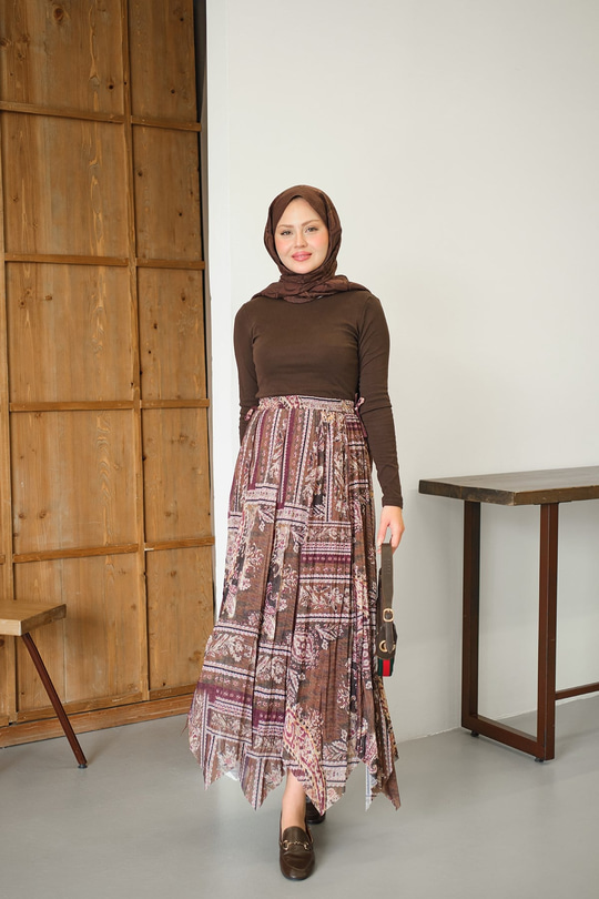 Etnik Desen Asimetrik Kesim Şifon Etek Mürdüm