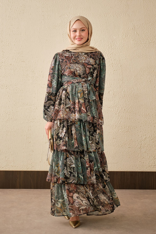 Etnik Desen Bel Bağlamalı Elbise Koyu Yeşil