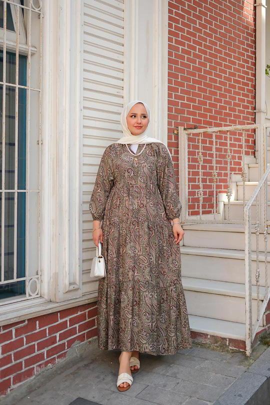 Etnik Desen Elbise Yeşil