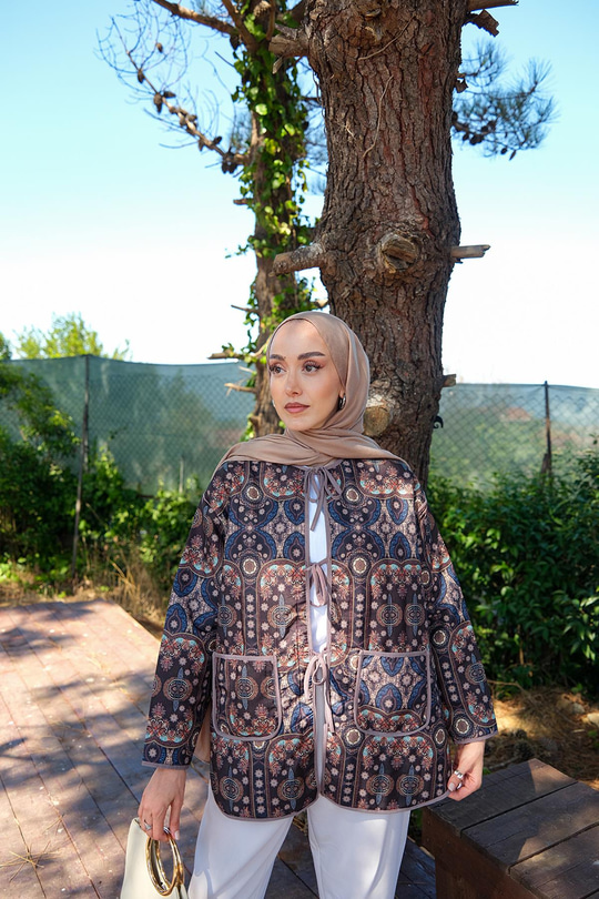 Etnik Desen Kapitone Ceket Vizon