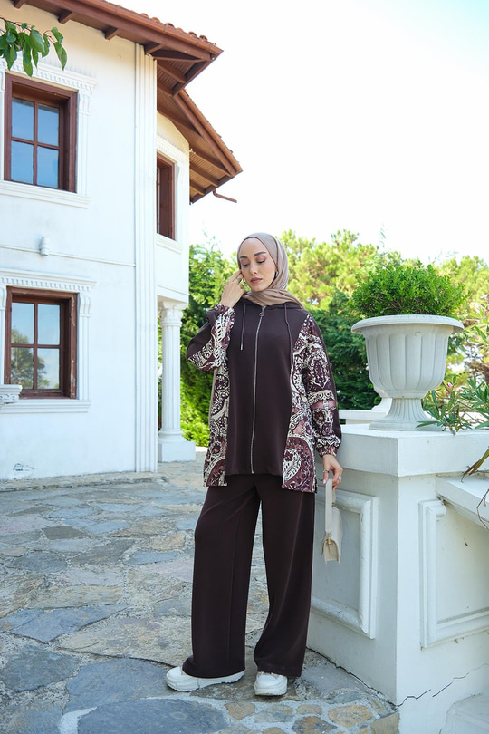 Etnik Desen Kapüşonlu İkili Takım Kahverengi