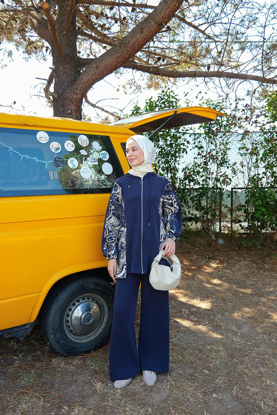 Etnik Desen Kapüşonlu İkili Takım Lacivert