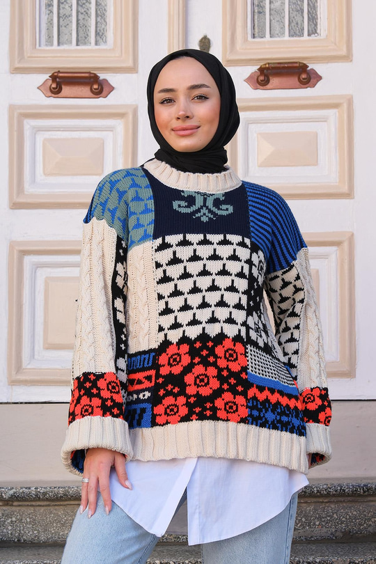 Etnik Desen Örme Kazak Mavi