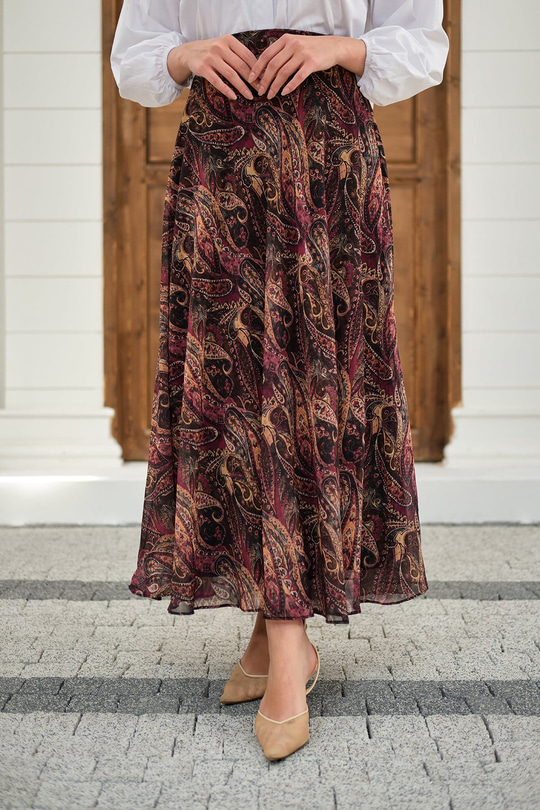 Etnik Desen Şifon Etek Mürdüm