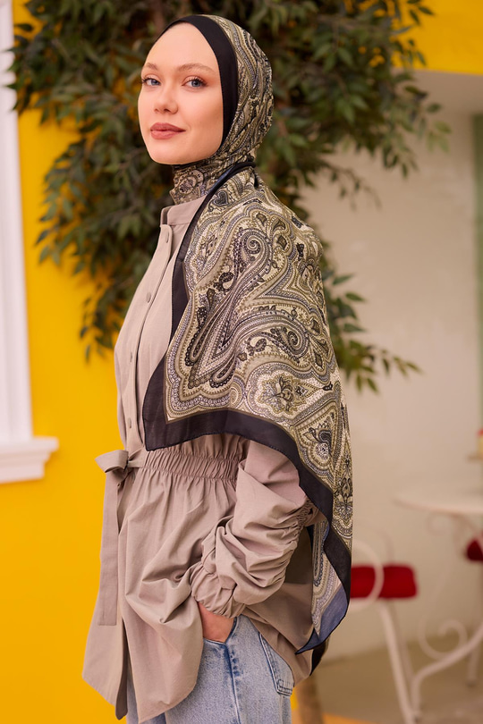 Etnik Desen Soft Şal Haki Yeşil