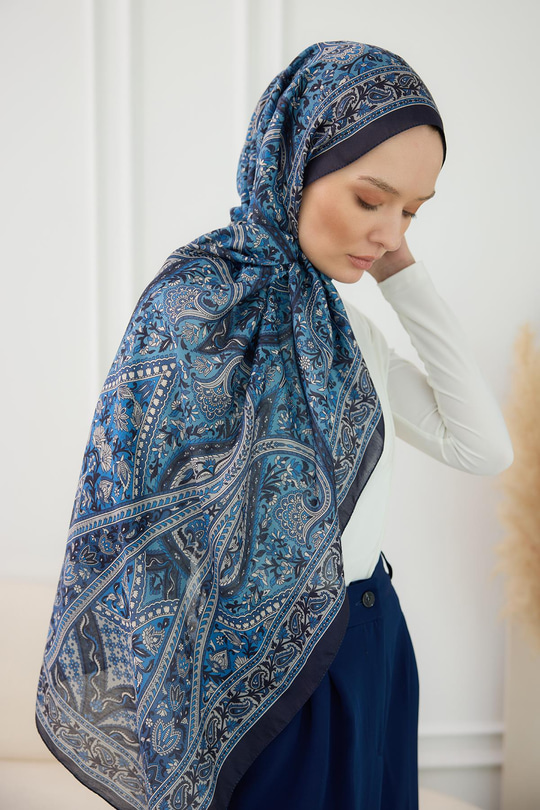 Etnik Desen Soft Şal İndigo Mavi