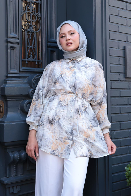 Etnik Desenli Gömlek Gri