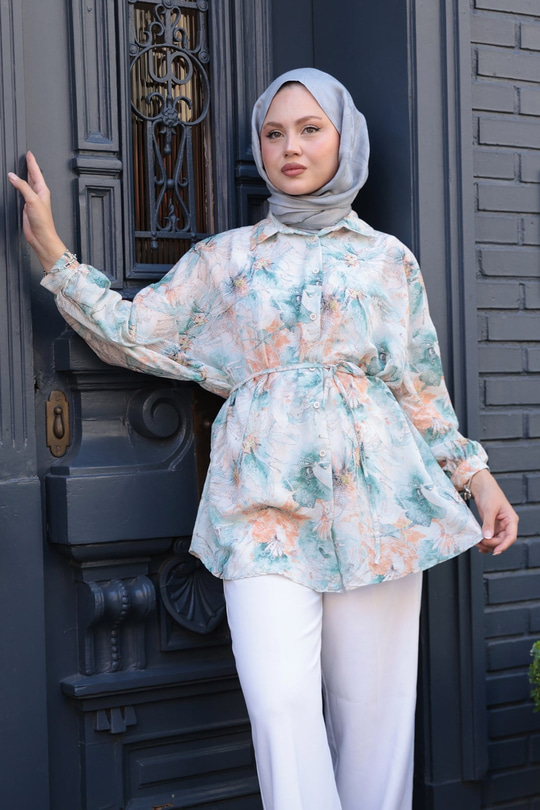 Etnik Desenli Gömlek Yeşil