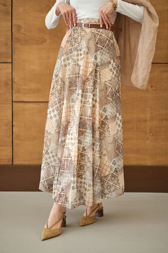 Etnik Desenli Sim Detay Kemerli Etek Somon