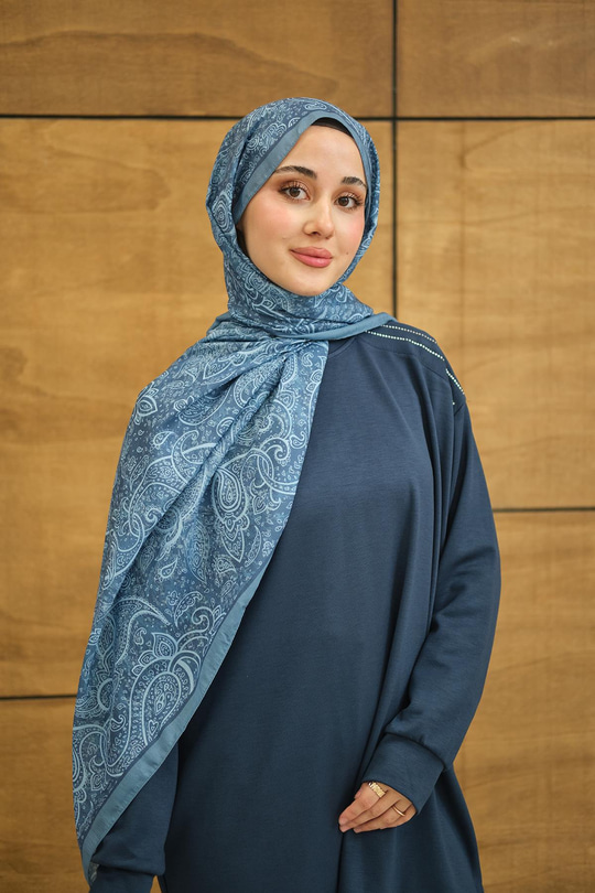 Etnik Yaprak Desen Şal İndigo Mavi