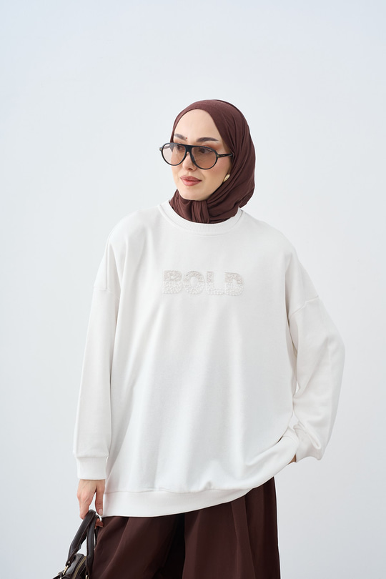 Taş İşlemeli Bisiklet Yaka Sweatshirt Ekru