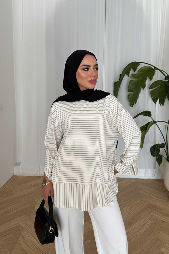 Yırtmaç Detay Çizgili Sweatshirt Ekru