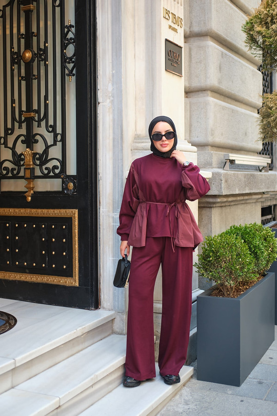 Paraşüt Detay Bel Bağlamalı Takım Bordo