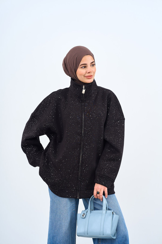 Çift Cepli Simli Fermuarlı Sweatshirt Siyah