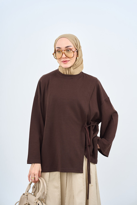Yan Biye Bağlamalı Tunik Kahverengi