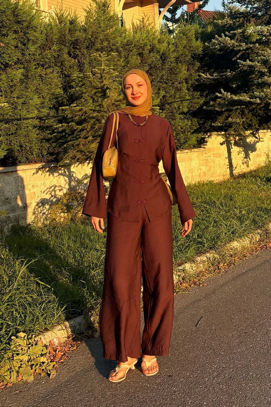 Çin Düğme Detay Bel Lastikli İkili Takım Mürdüm