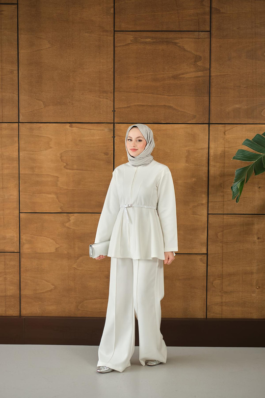 Fermuarlı Scuba Takım Ekru