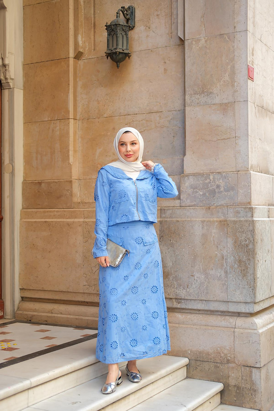 Fermuar Detay Etekli Takım Mavi