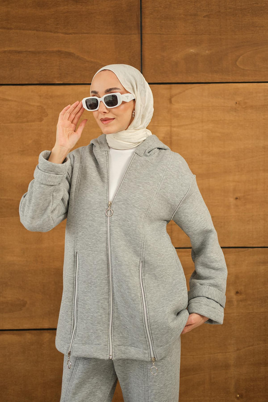 Fermuar Detaylı İkili Takım Gri