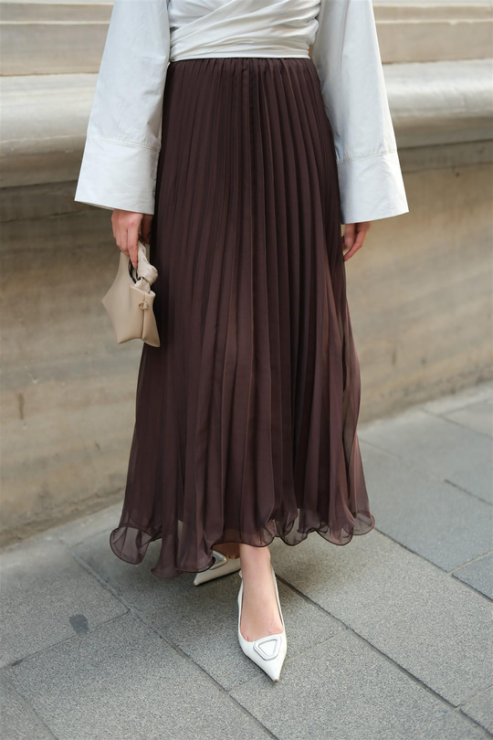 Fermuar Detaylı Şifon Etek Kahverengi