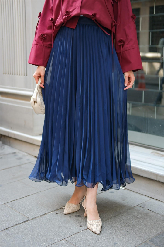 Fermuar Detaylı Şifon Etek Lacivert