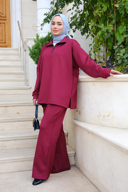 Fermuar Detaylı Takım Bordo