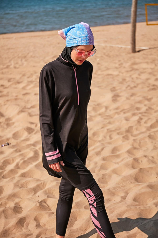 Fermuar Detaylı Tam Kapalı Tesettür Mayo Siyah