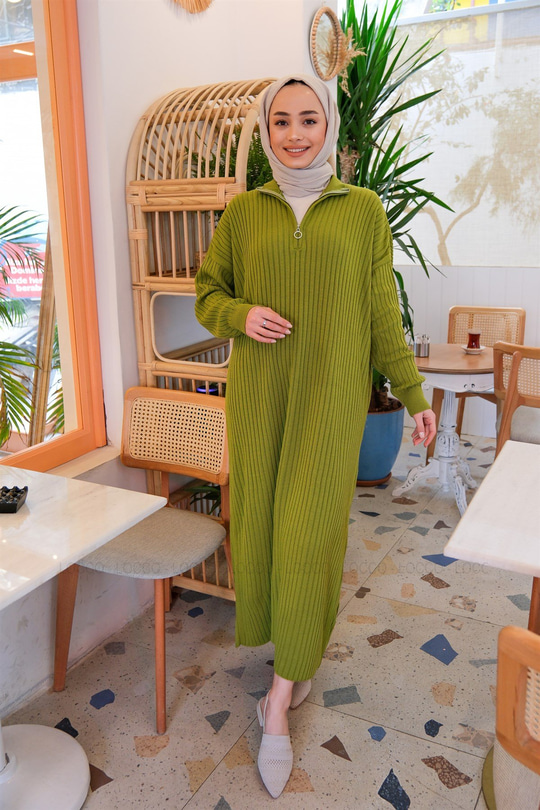 FERMUAR DETAYLI TRIKO ELBISE HAKI YESIL