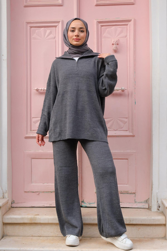 FERMUAR DETAYLI TRIKO TAKIM  Gri