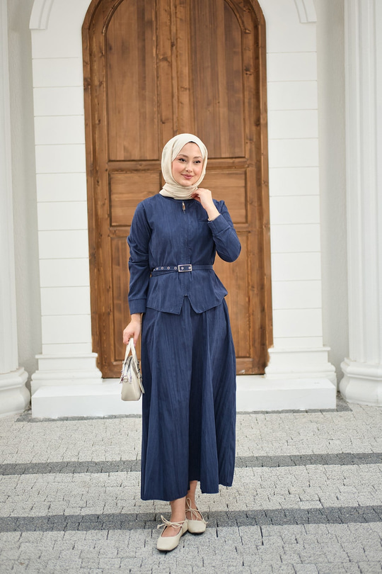 Fermuarlı Cep Detay Kemer Bağlamalı Etekli Takım Lacivert