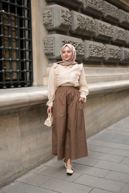 Fermuarlı Poplin Etek Kahverengi