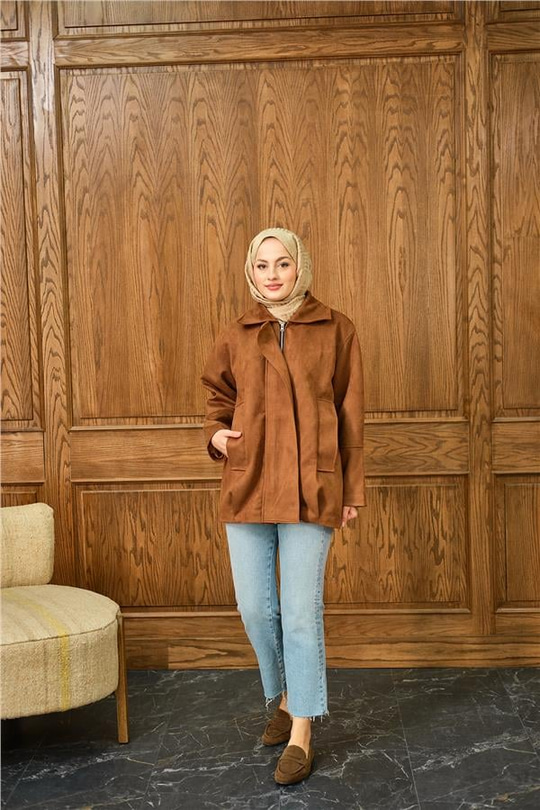 Fermuarlı Süet Ceket Kahverengi