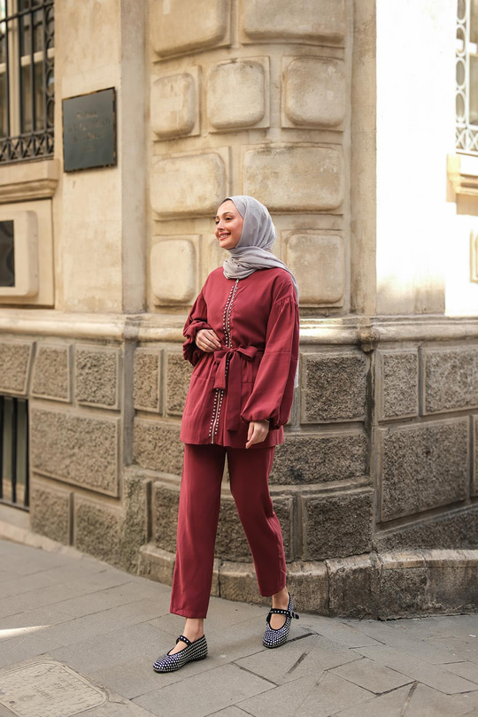 Fermuarlı Taş Detaylı İkili Takım Bordo