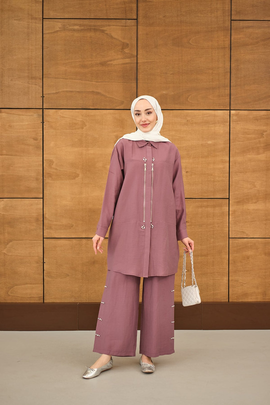 Fermuarlı Ve Boncuk Detaylı Pantolonlu Takım Gül Kurusu