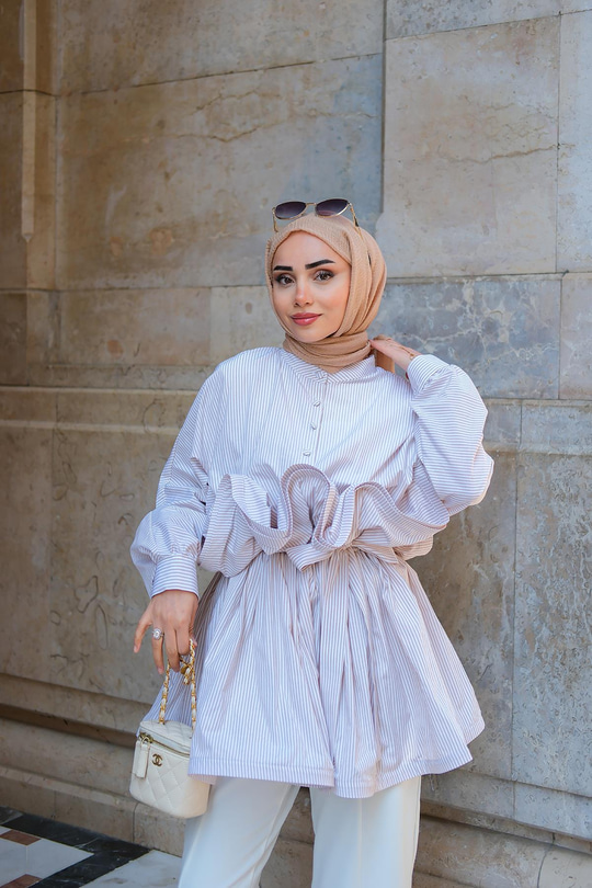 Fiona Grenli Çizgili Gömlek Bej