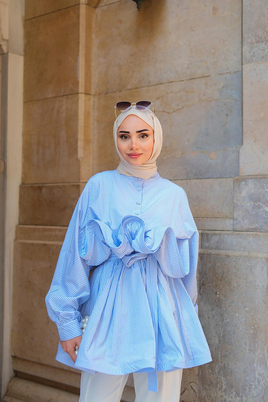 Fiona Grenli Çizgili Gömlek Mavi