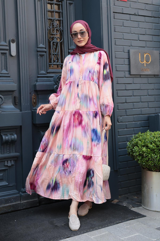 Fırça Desen Elbise Somon