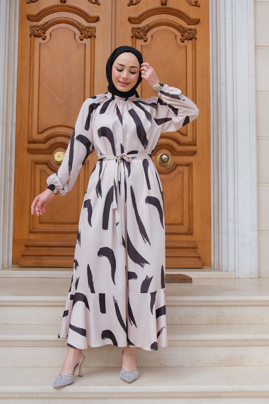 Fırça Desenli Balon Kol Elbise Krem