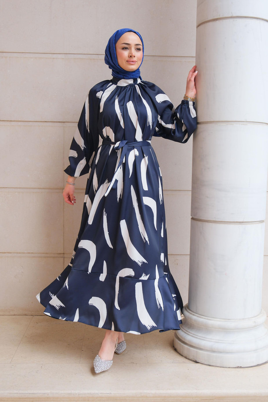 Fırça Desenli Balon Kol Elbise Lacivert