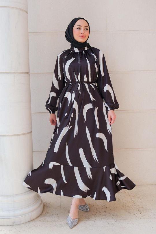 Fırça Desenli Balon Kol Elbise Siyah
