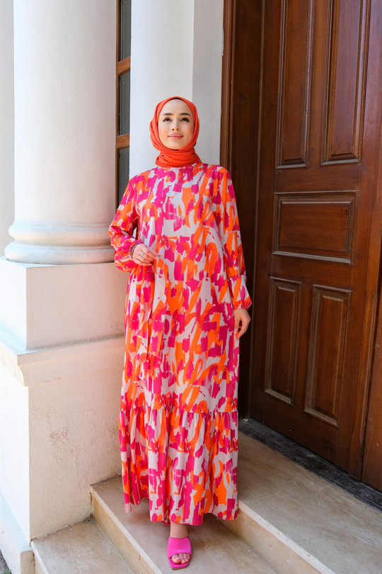 Fırça Desenli Bel Bağlamalı Elbise FUSYA