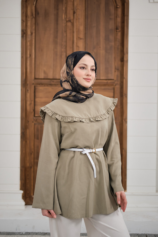 Fırfır Detay Dikiş Pensli Tunik Küf Yeşil