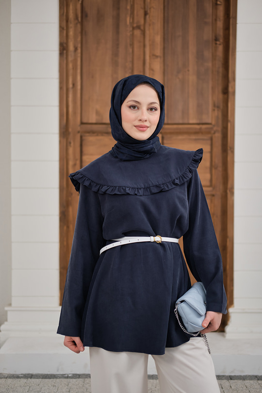 Fırfır Detay Dikiş Pensli Tunik Lacivert