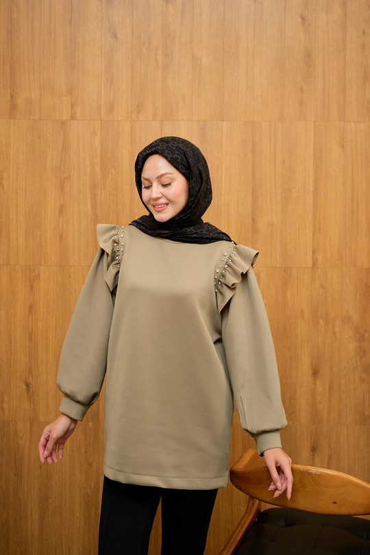 Fırfır Detay Taşlı Tunik Fıstık Yeşil