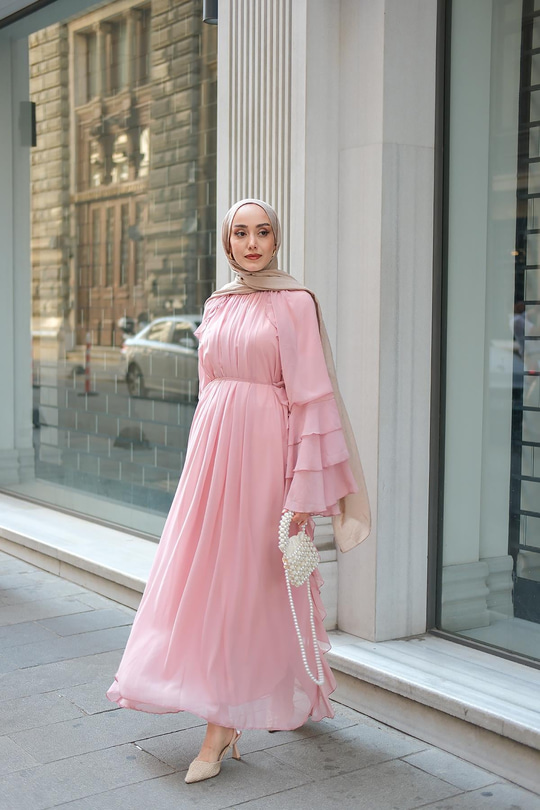 Fırfır Detay Tül Elbise Pudra