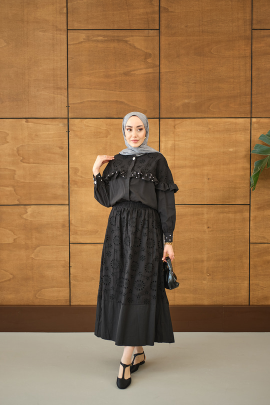 Fırfırı Taş İşlemeli Takım Siyah