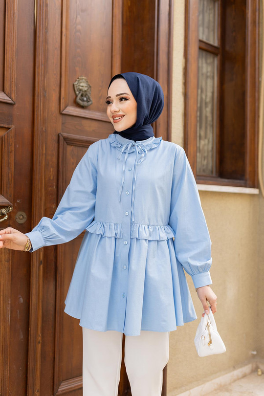 Fırfırlı Düğmesi Taş Detaylı Tunik Gömlek Mavi
