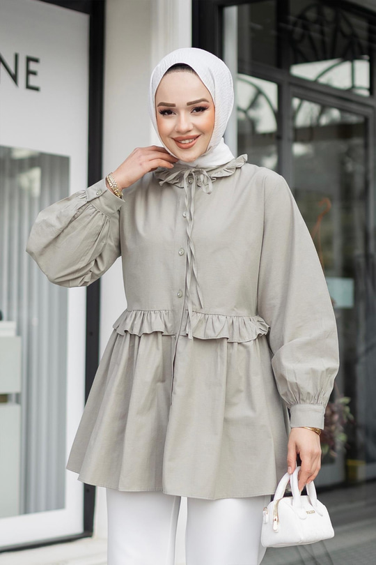 Fırfırlı Düğmesi Taş Detaylı Tunik Gömlek Küf Yeşil