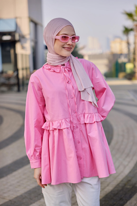 Fırfırlı Düğmesi Taş Detaylı Tunik Gömlek Pembe