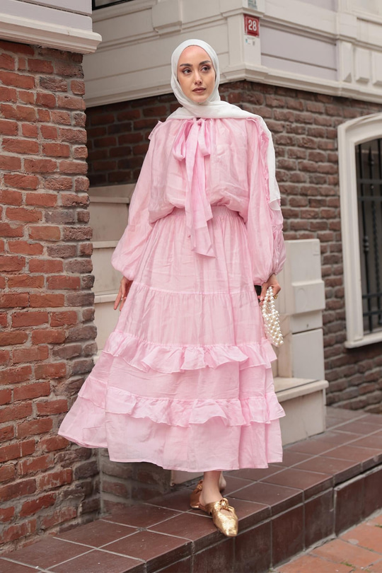 Fırfrı Detaylı Takım Pembe